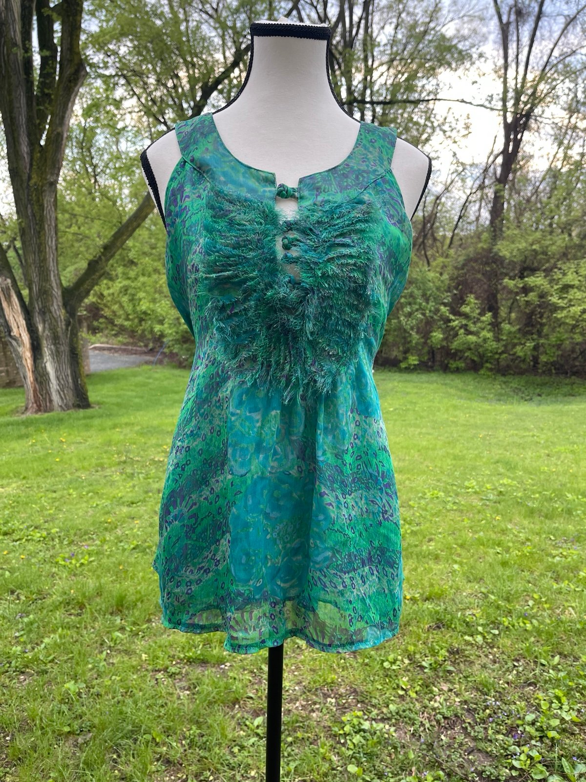 Y2K Anthropologie Festival Sheer Batik Tropical Handkerchief Eyelash top sz M