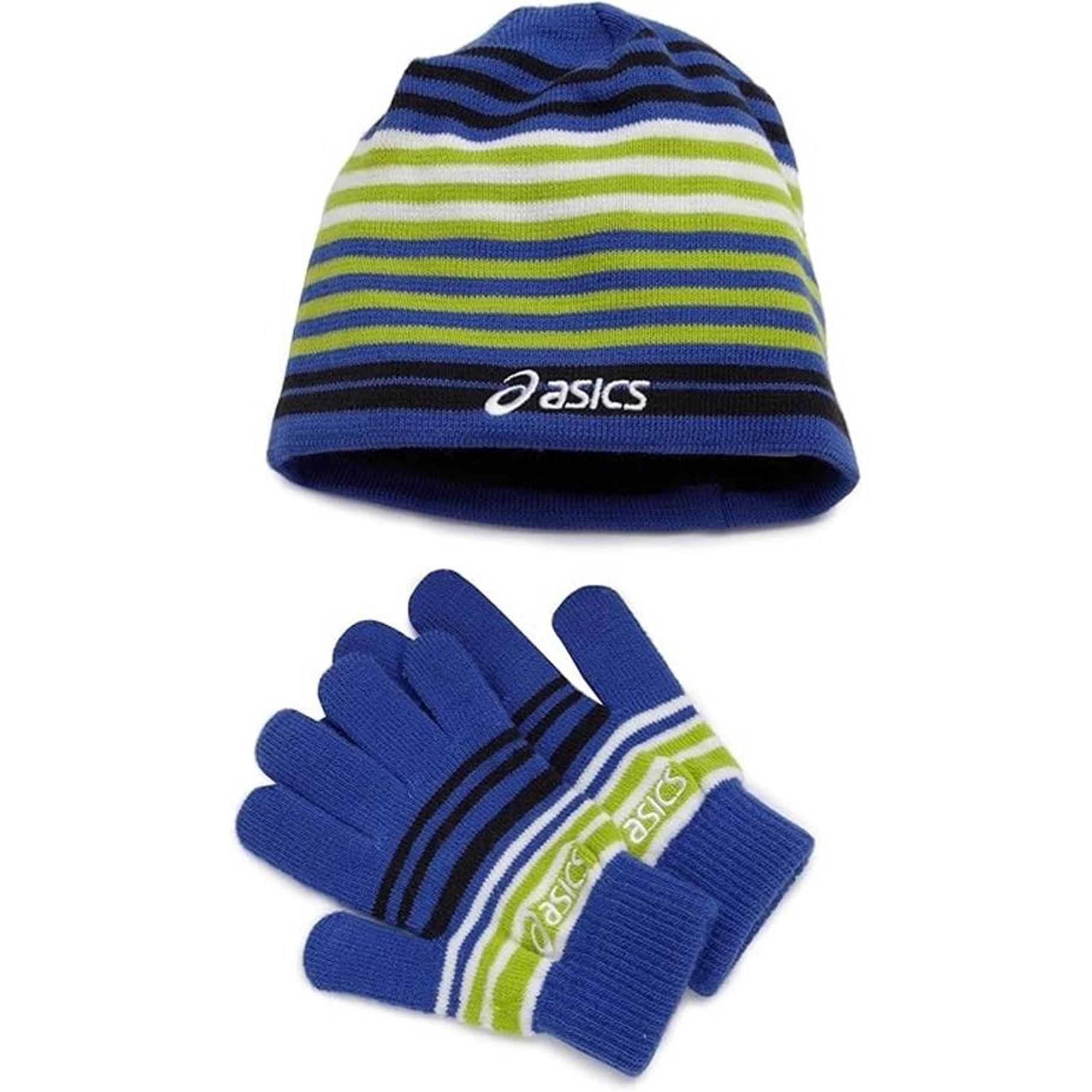 ASICS Unisex Striped Beanie & Glove Set, Berry/Wow, One Size