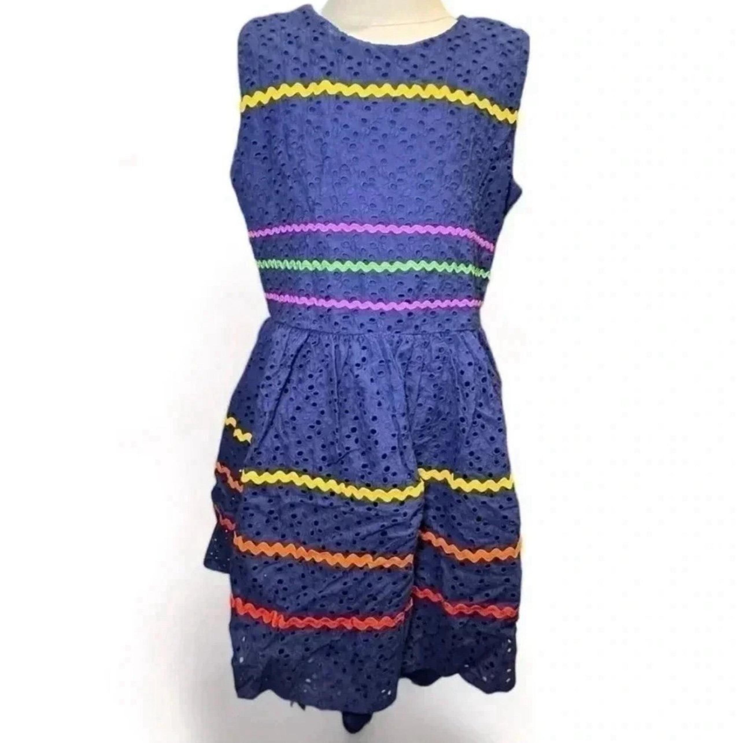 Laura Ashley Girl’s Fit-and-Flare Navy Blue Eyelet Striped Dress Size XL