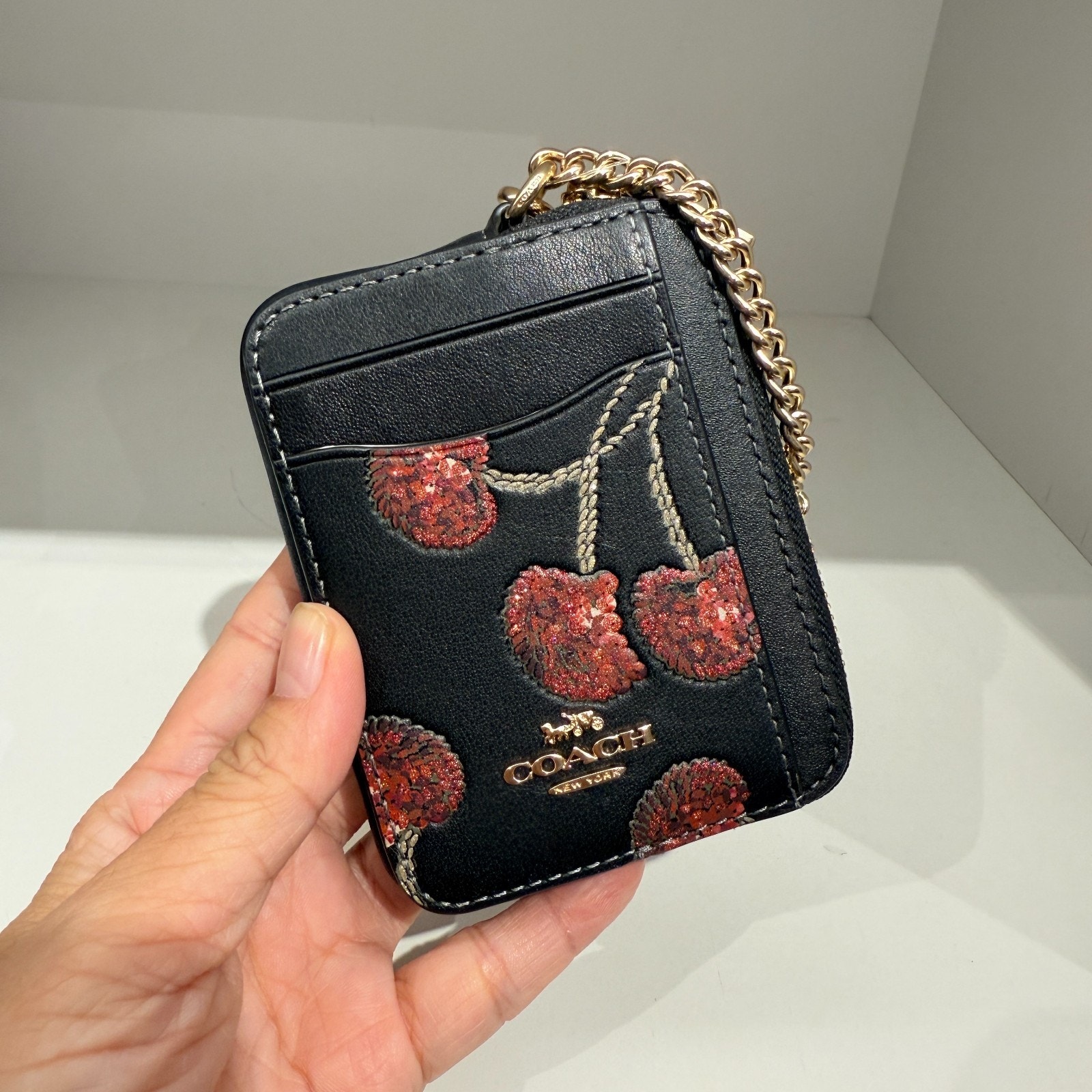 Coach CDF99 Zip Card Case With Cherry Print Gold/Black Multi