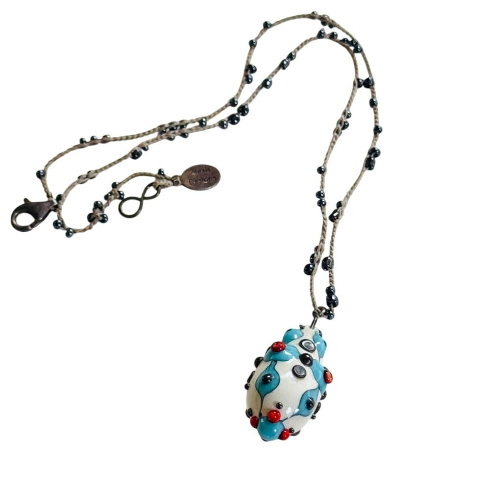 VTG Alexis Designs blown Blue gold Art glass beaded Necklace Sterling 925 clasp