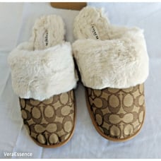 Coach Ziva Slippers Signature Jacquard & Faux Fur Upper Size 10B Khaki NWT