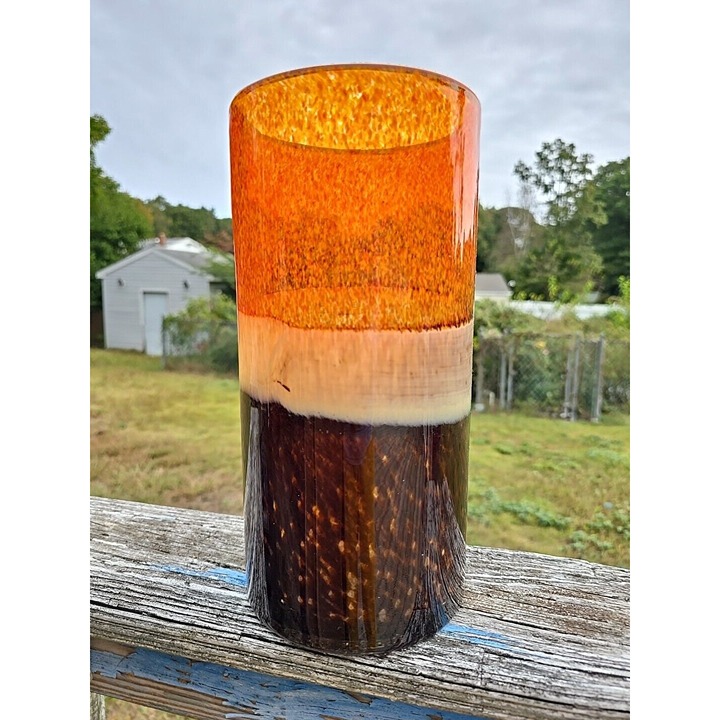 Hand Blown Art Glass Hurricane Vase Bands Mottled Orange Brown Tortoiseshell