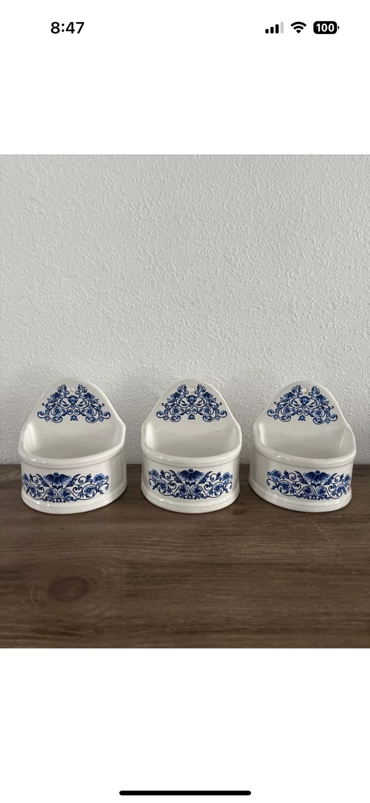 Merle Norman Open Salt Wells Set of 3 Vintage Blue and White Wall Pocket