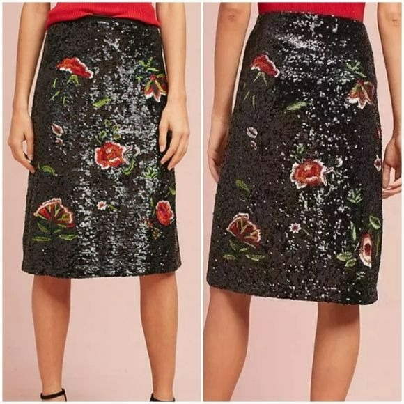 Anthropologie, New, Maeve Garden Glitz Black Sequin Embroidered Skirt Size 6