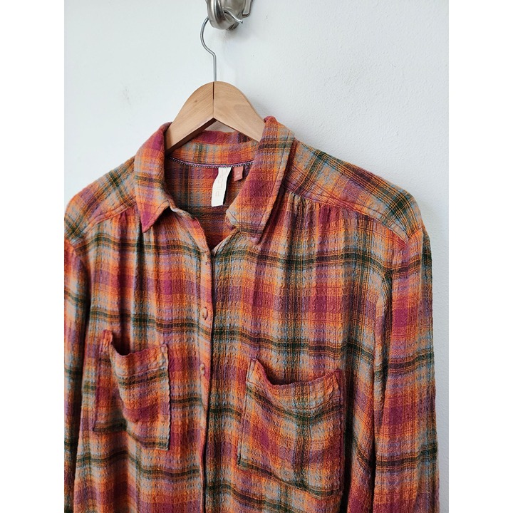 Anthropologie Pilcro orange plaid seamed button down tunic shirt M