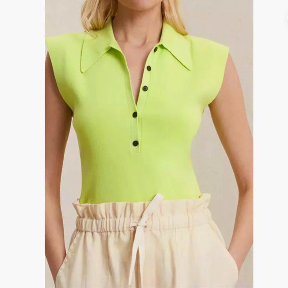 A.L.C. Lime Green Taylor Cap Short Sleeve Button Down Polo Top XL 250