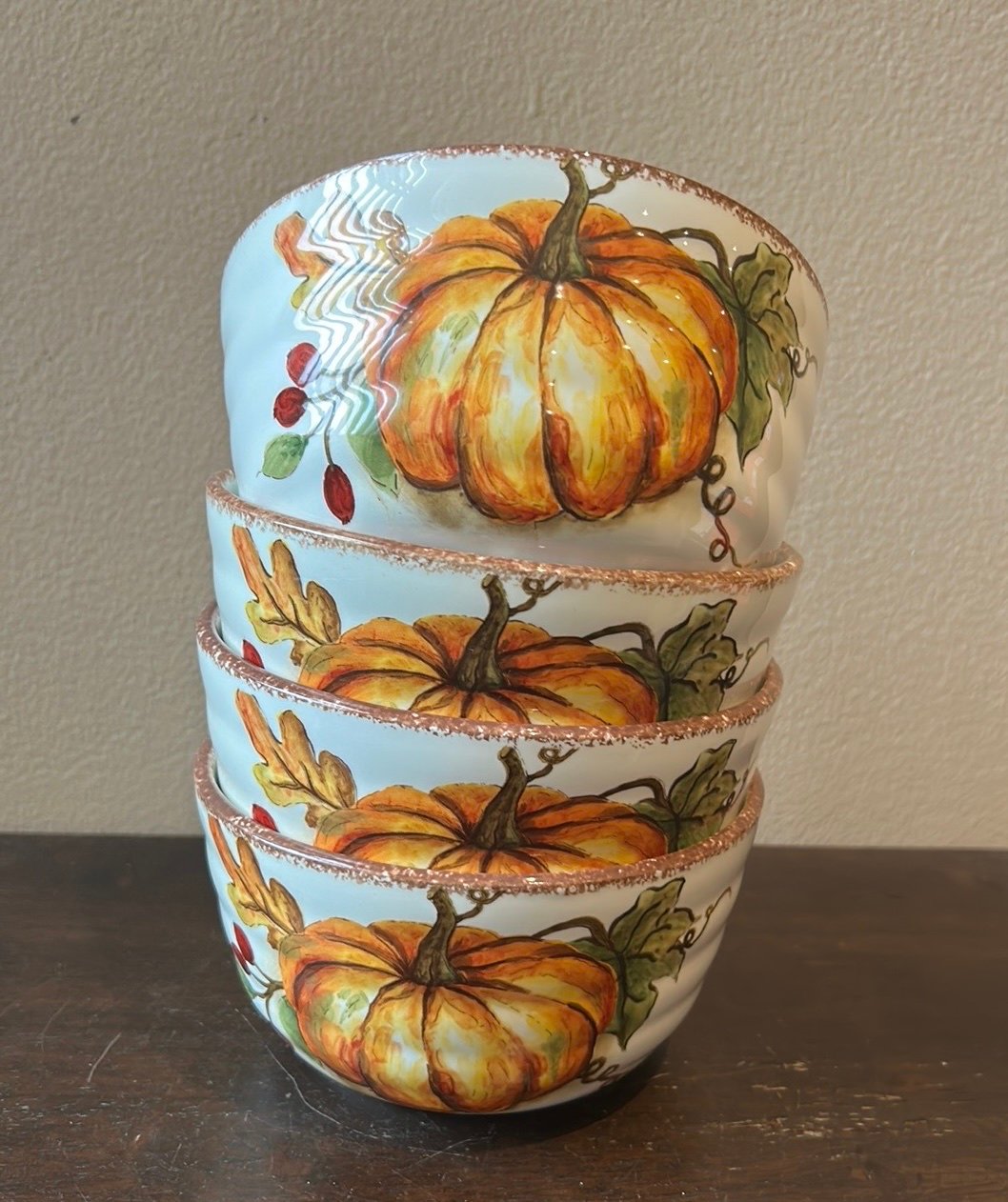 Maxcera Set Of 4 Pumpkin Print Fall Leaves Bowls New Thanksgiving