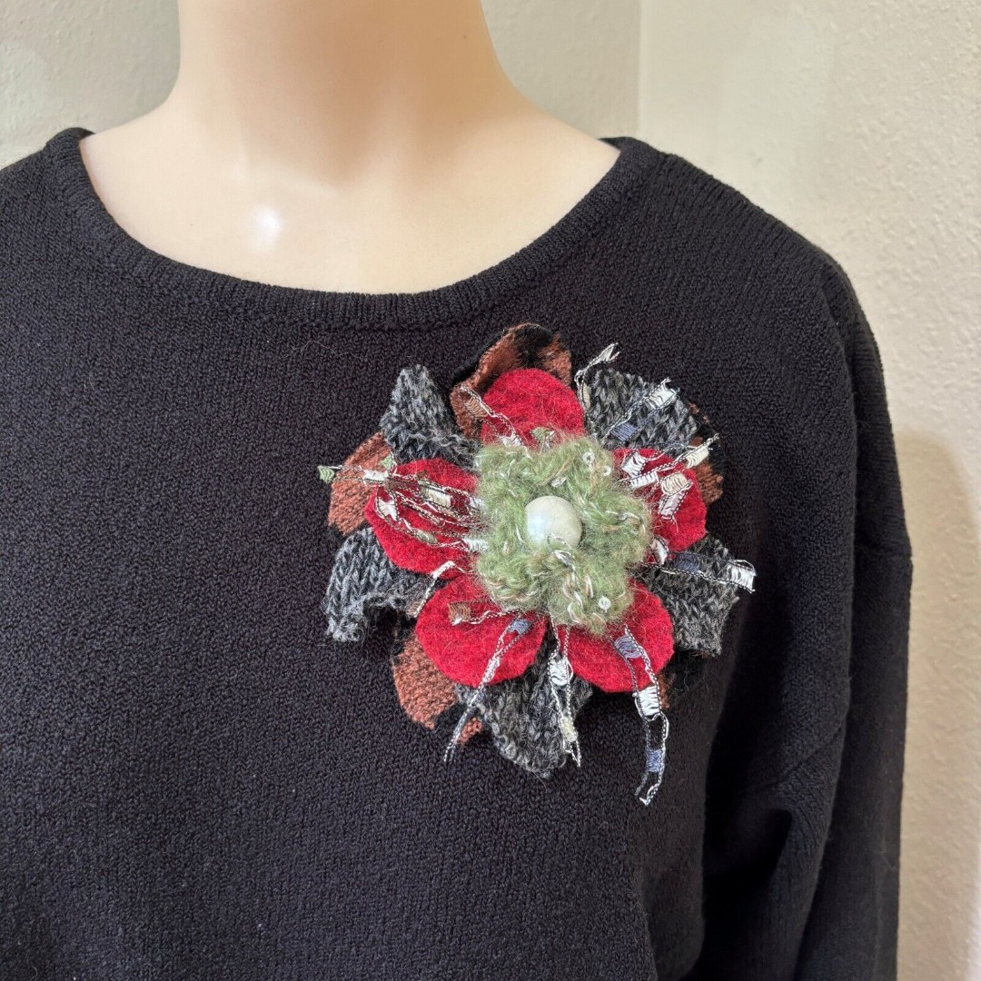 Handmade Mixed Fiber Art Brooch Pin Textile Flower OOAK Boho Beads Exclusive