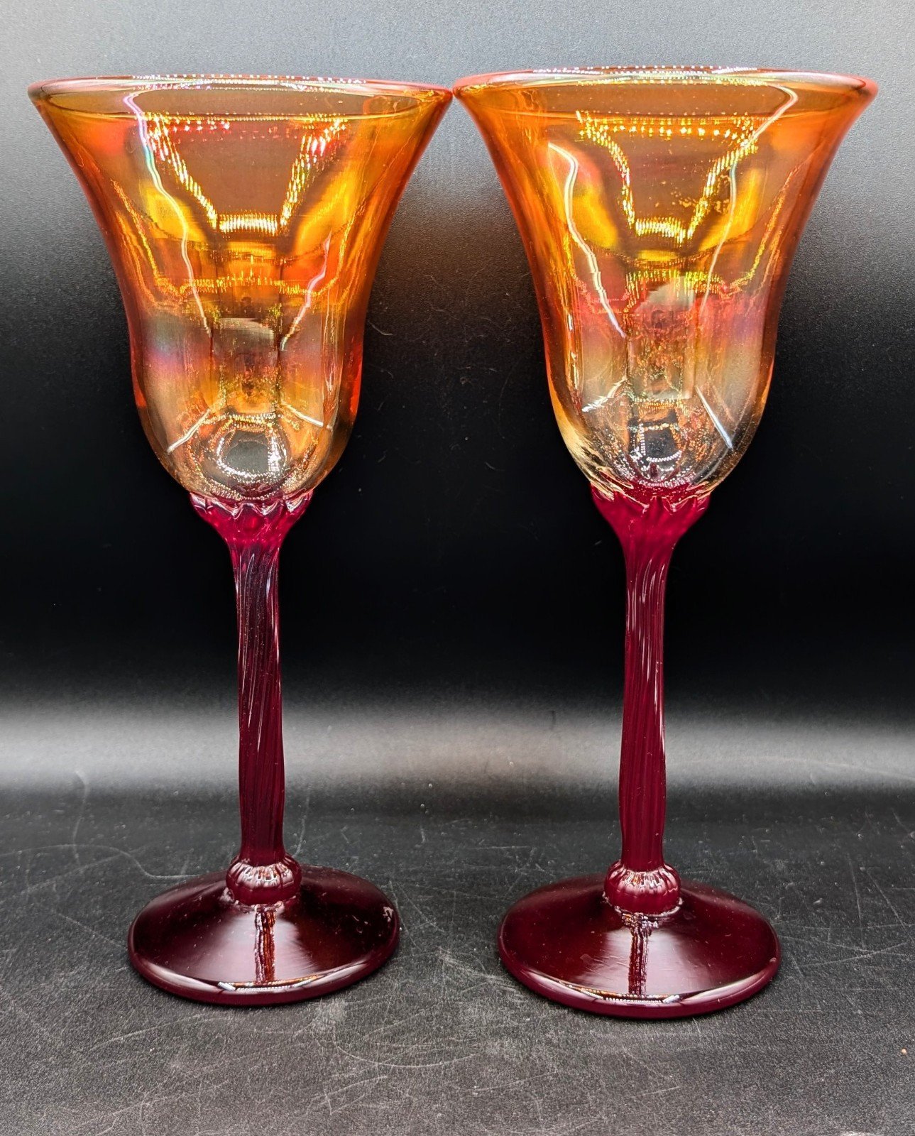 Pair Signed Rick Strini Art Glass Wine Goblets Marigold Iridescent & Ruby Stems