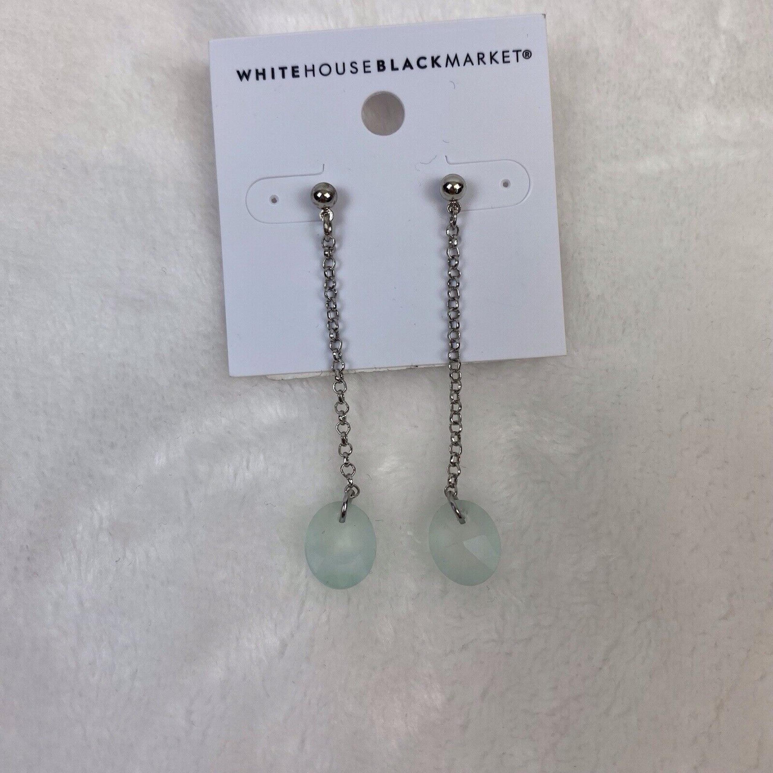 White House Black Market Silver Dangle Chain Earrings Blue Accent NWT