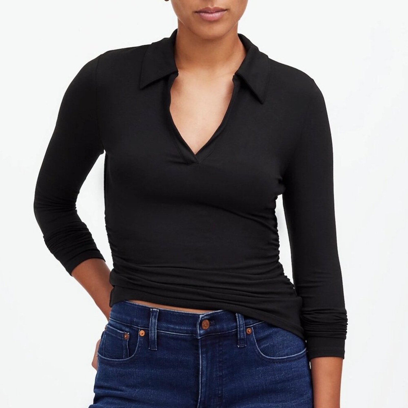 Madewell Tops Womens Side-Cinch Long-Sleeve Polo Black Size M NEW