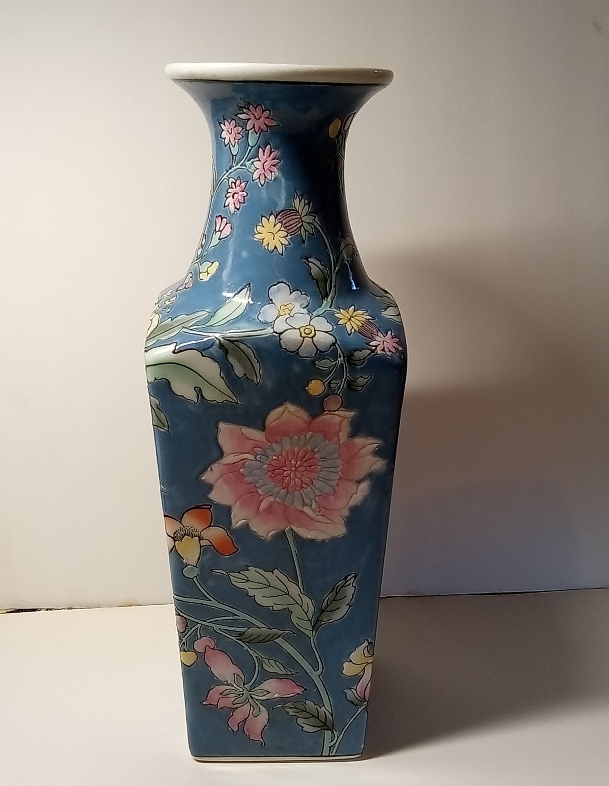 Vintage H.F.P.Macau 12.5 Tapered Square Vase Handpainted French Blue Pink Lotus