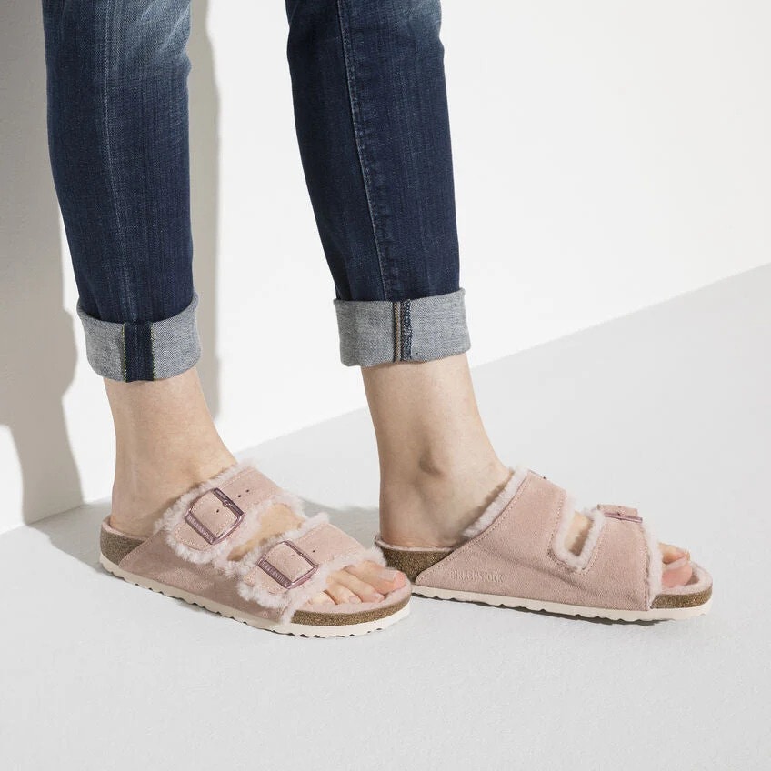 Birkenstock Arizona Suede Shearling Sandals Buckle Strap Light Rose Size 37