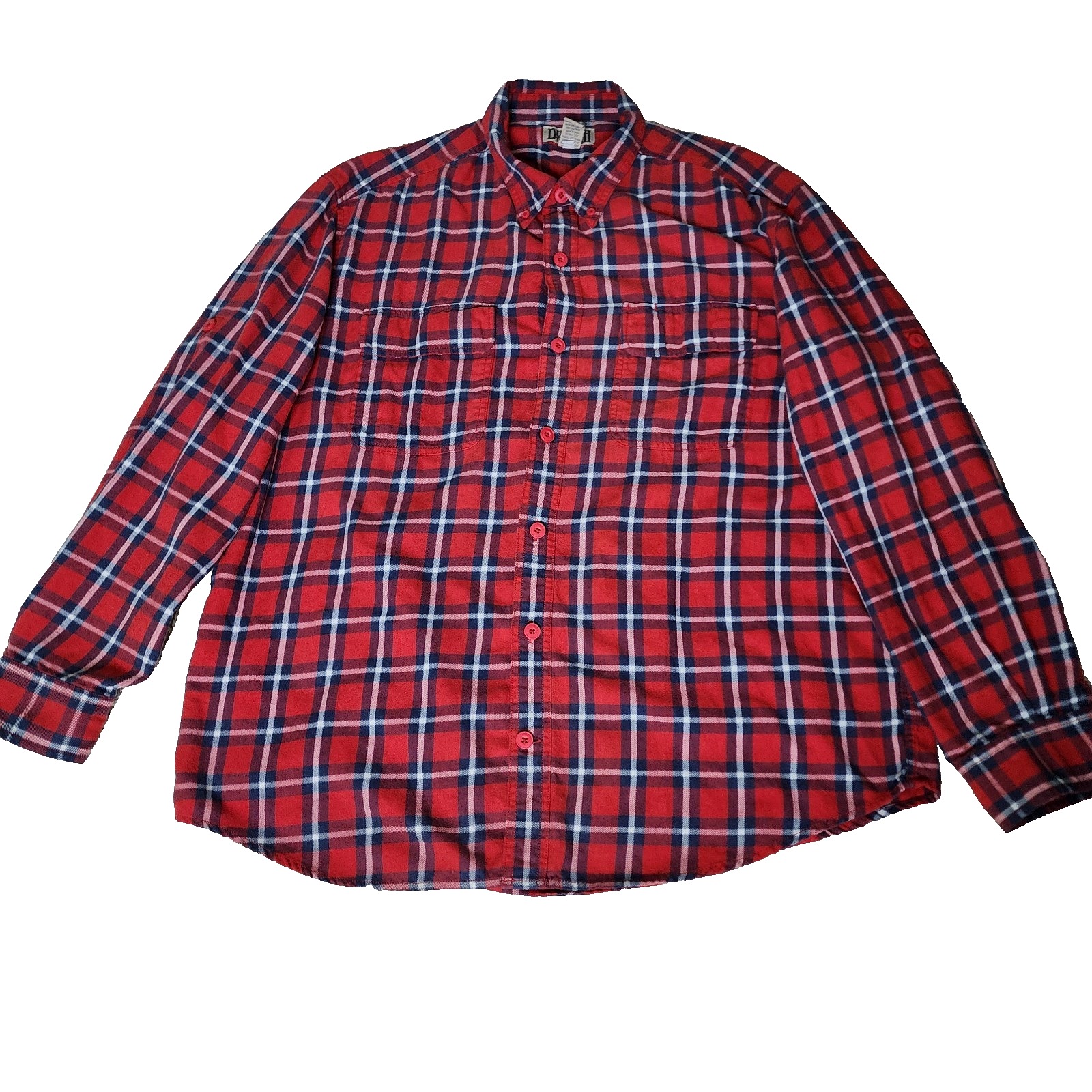 Duluth Trading Co Plaid Button Up Shirt XL Red Blue Roll Tab Sleeve Pockets