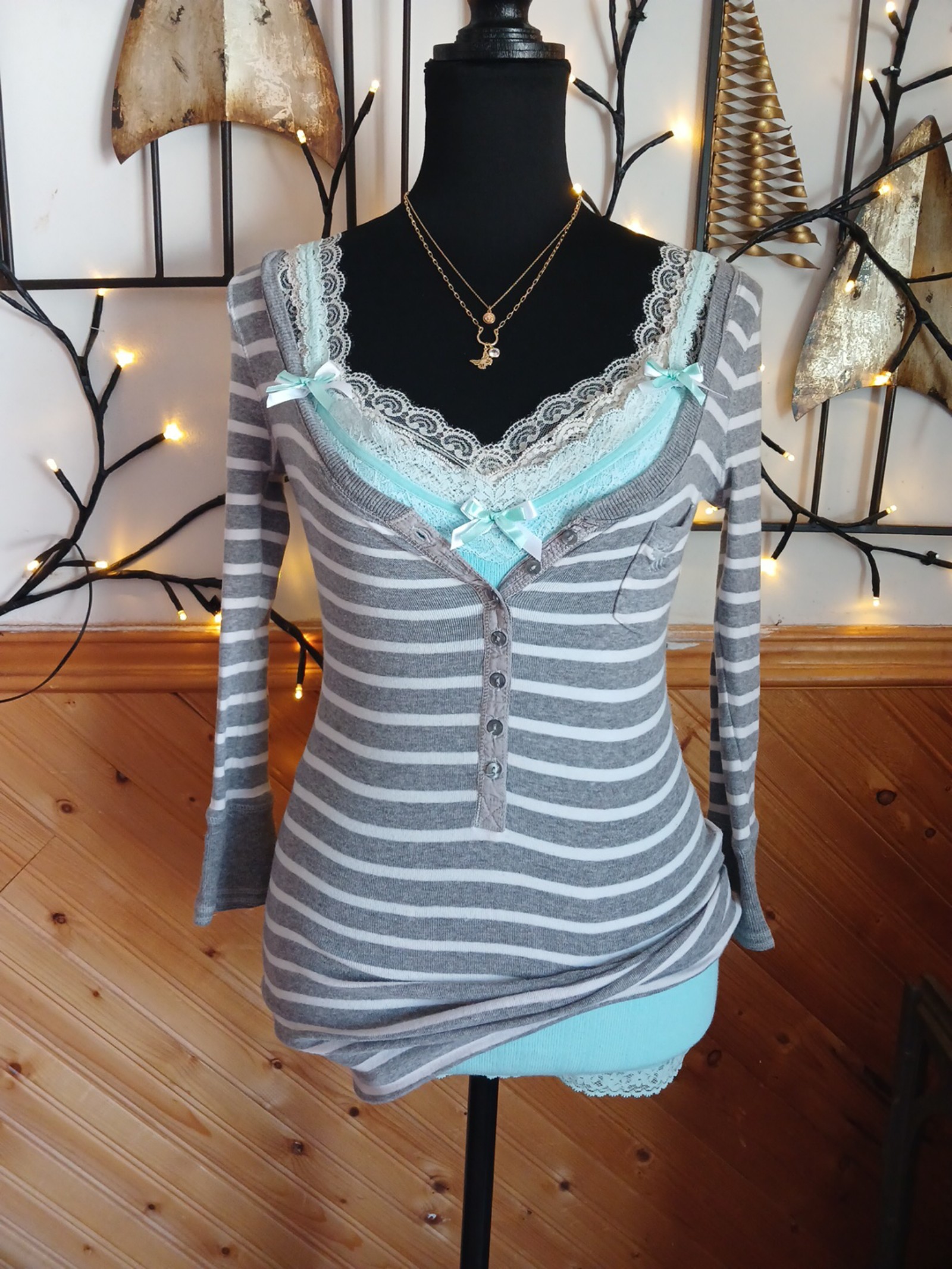♡Y2K♡Abercrombie striped button down 3/4 sleeve babydoll henley