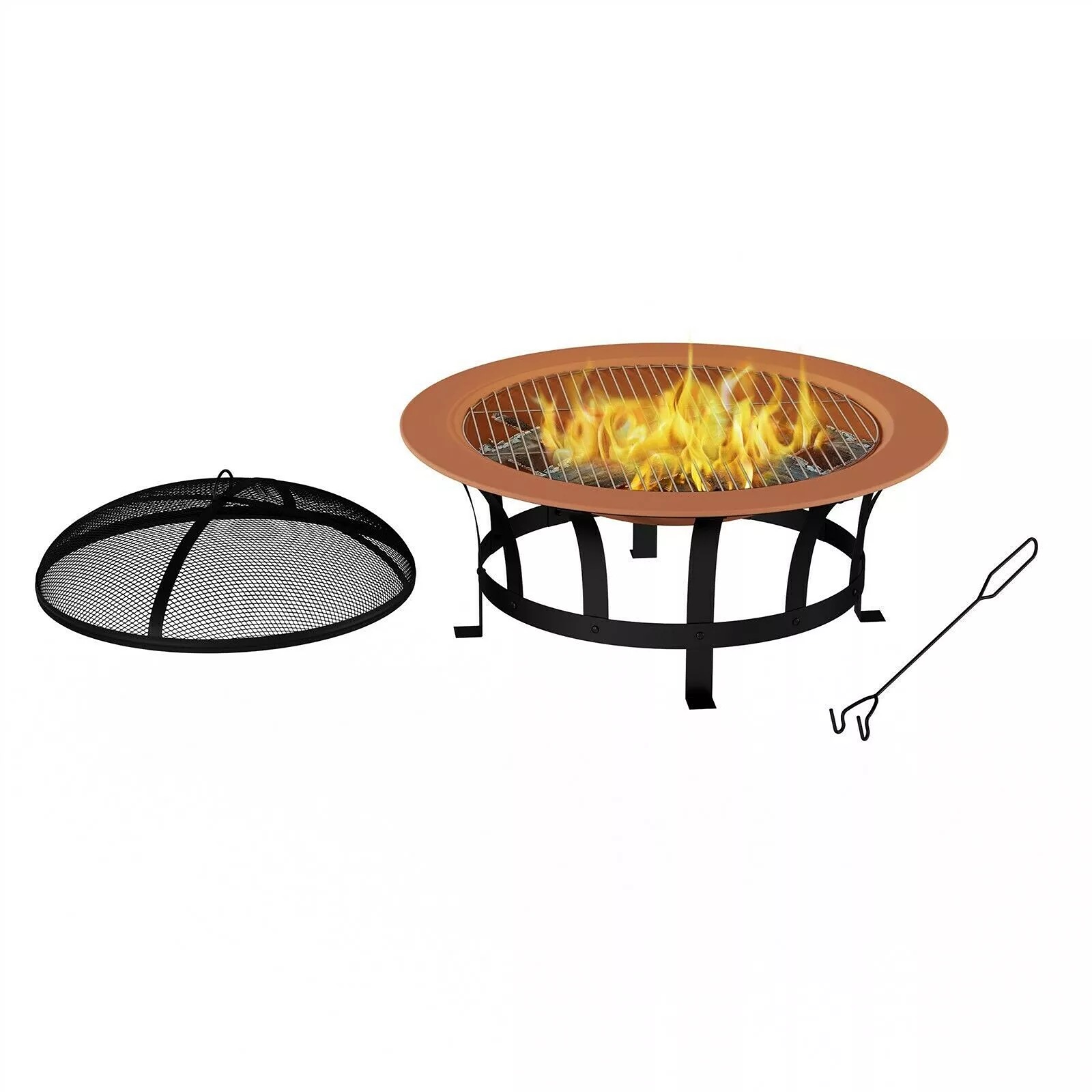 Outdoor Fire Pit 30 Inch Round Large Steel Bowl Copper Color Mesh Screen Cover