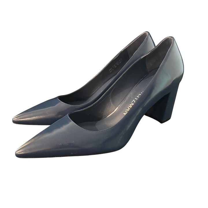 Stuart Weitzman Pointed Toe Leather Block Heel Pumps Navy Blue Size 10B NWOB