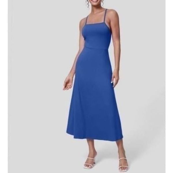 Halara Backless Lace Up Midi Flare Dress Beaucoup Blue Size M