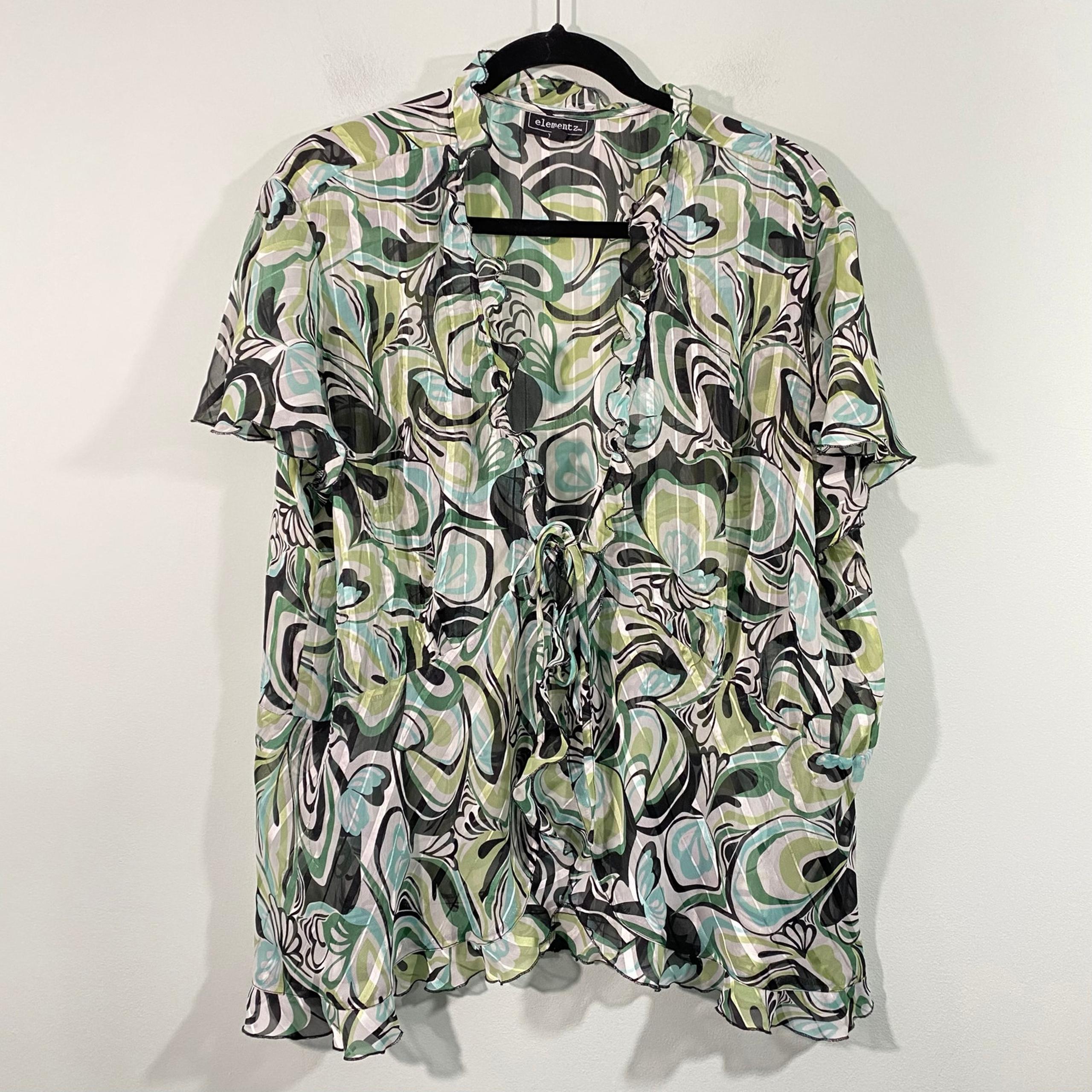 Vtg Y2K Elementz Women's Green & Grey Graphics Ruffles Tie Front Blouse Size 2X