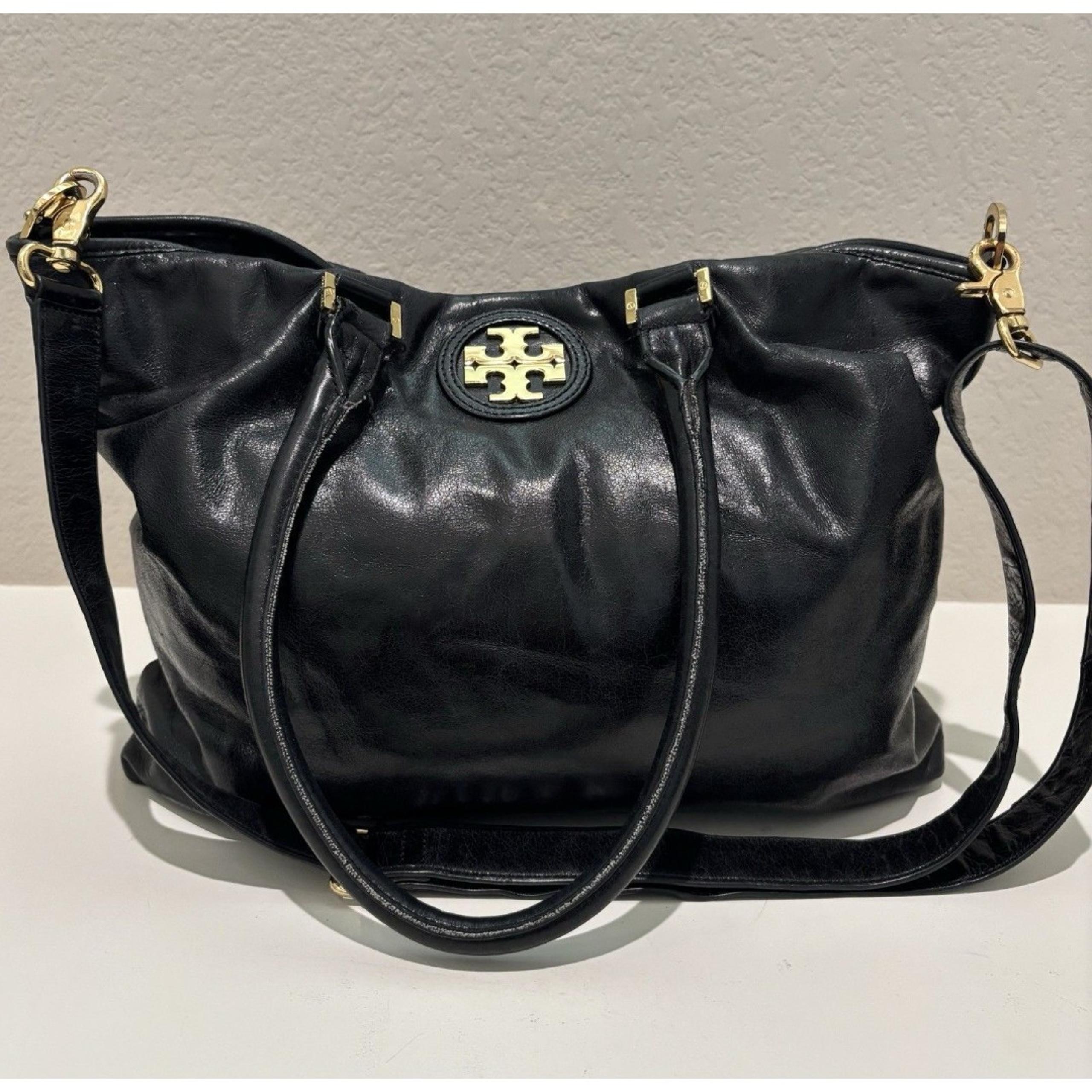 Tory Burch Dena Black Glazed Leather Tote Bag Handbag Long Strap Double Handles