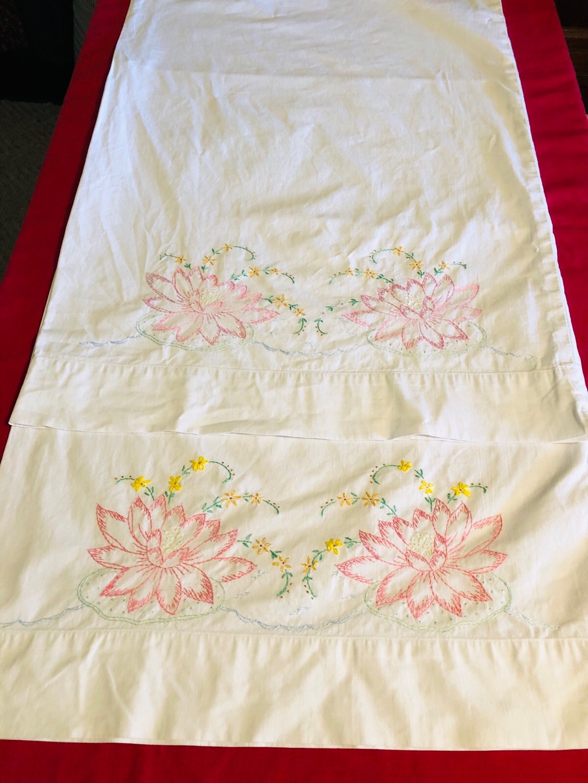 Vintage Hand Embroidered Pillowcases - Lily Pads