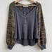FREE PEOPLE Grey Yellow Stripe Sweet Confession Henley Waffle Knit Pullover