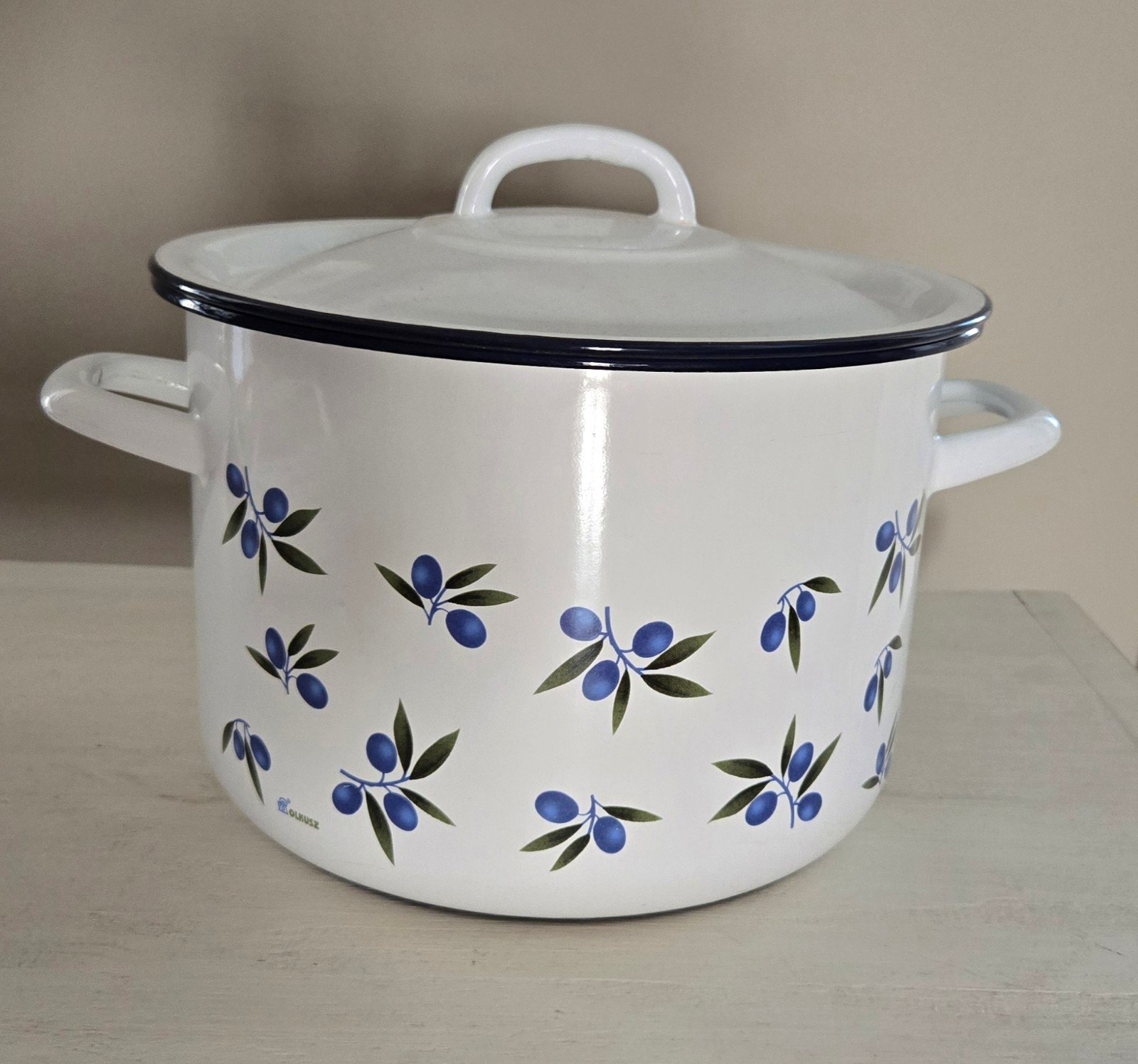 Vintage Olkusz White Enamel Stockpot With Lid