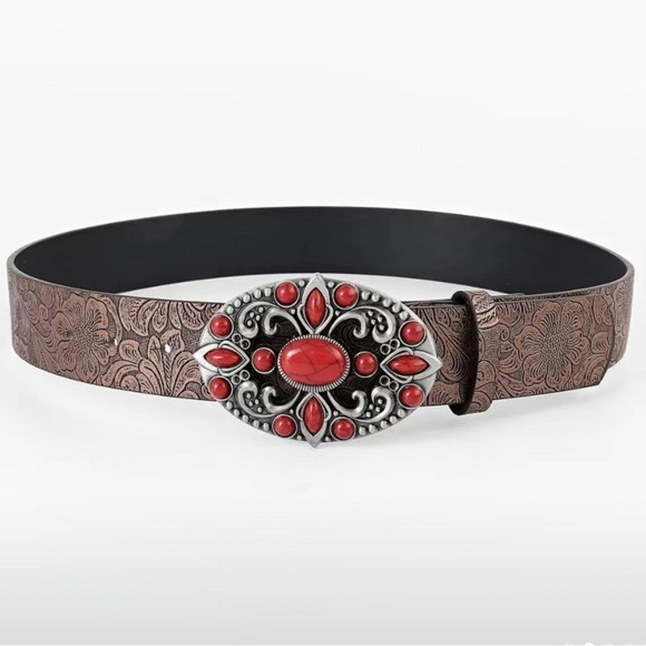 Pu Leather Boho Western Red Gemstone Belt