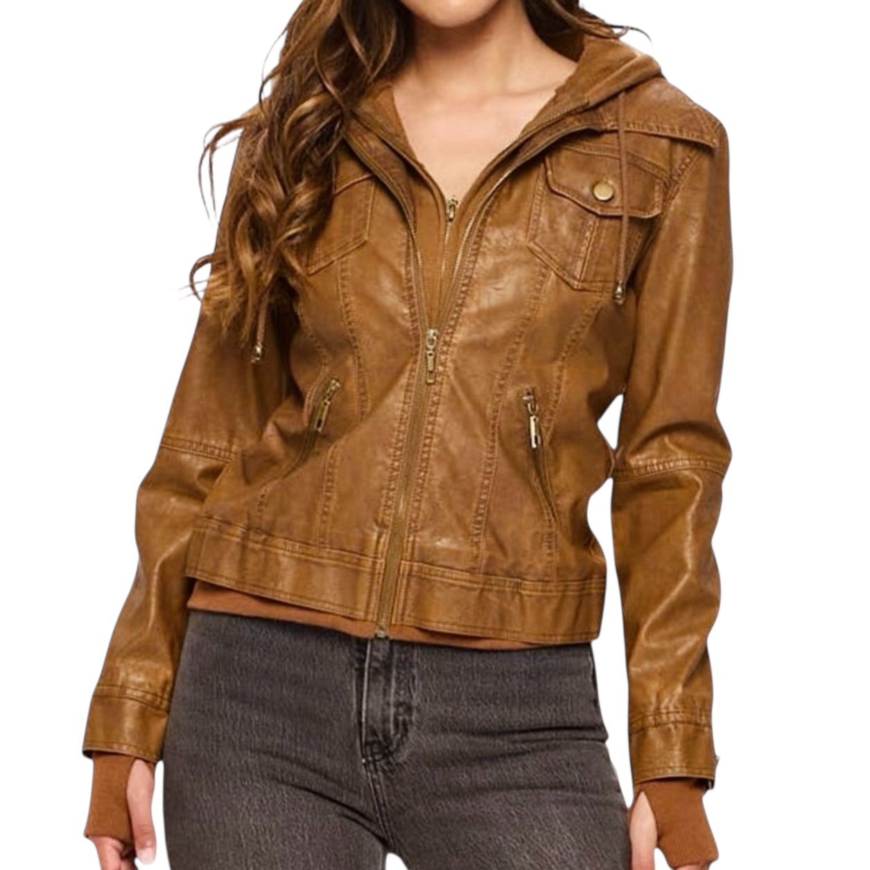 Coalition LA Brown Vegan Leather Moto Jacket Detachable Hood / Thumbholes Sz L