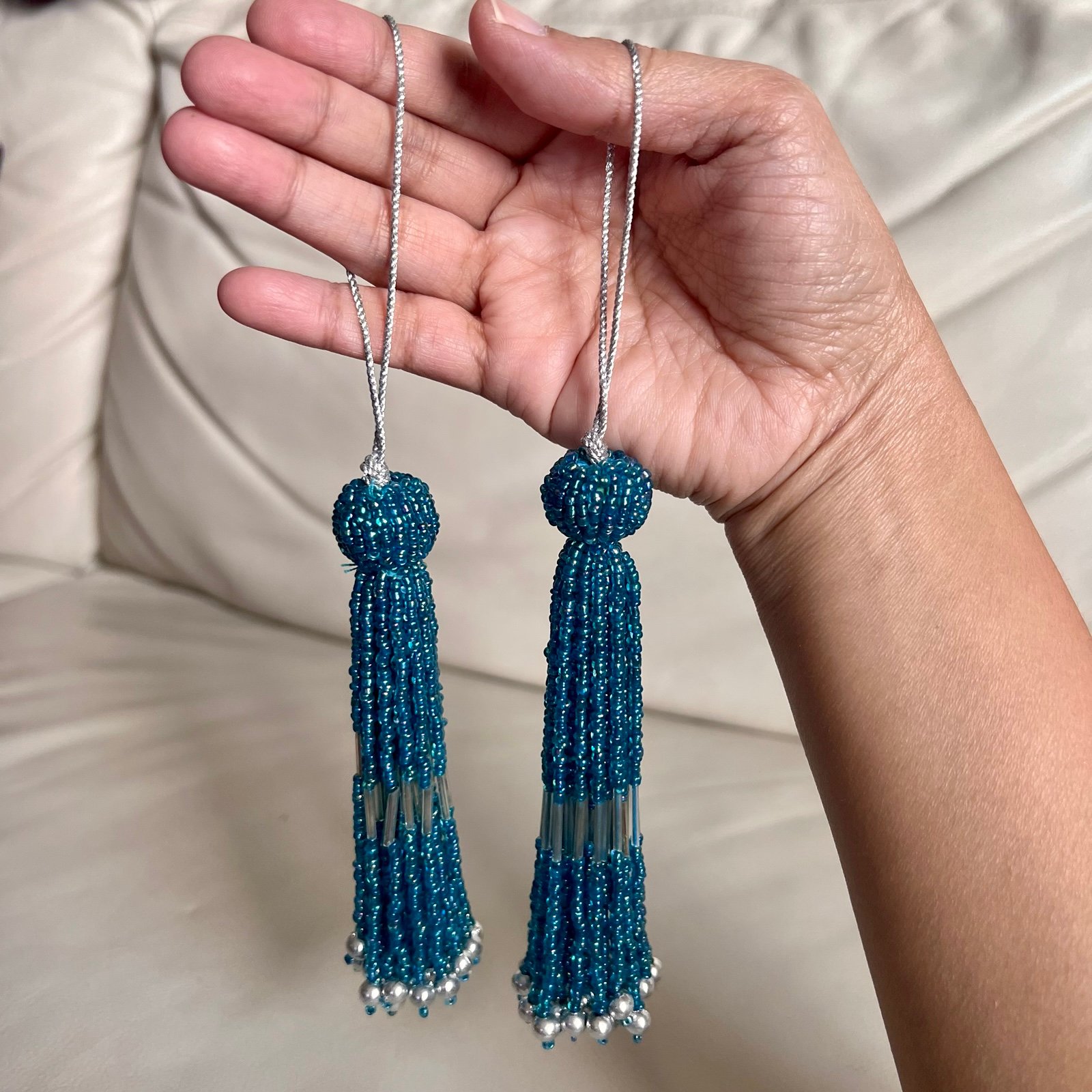 Elegant Blue Beaded Tassel Set of 2
