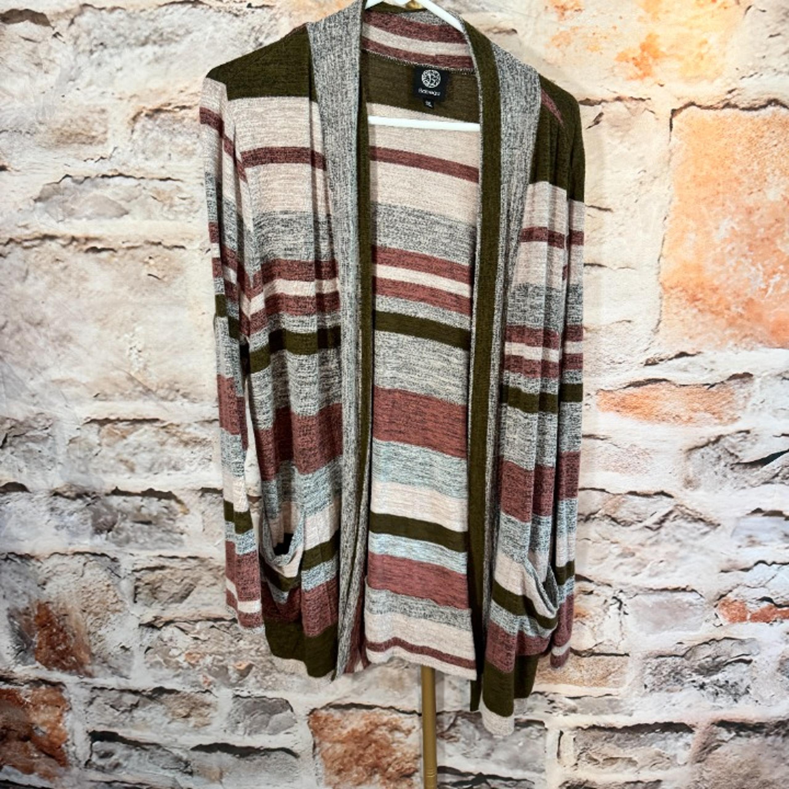 Bobeau - Striped Open Cardigan - Olive Green, Rust, Gray - 2x -