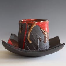 With saucers, cups and saucers, handmade ceramic cups, earthenware cups,