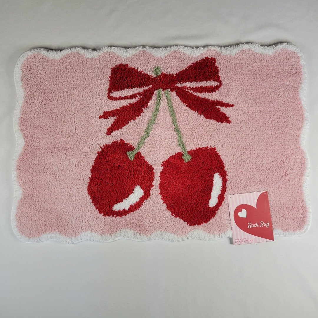 Pink Red Cherries Cherry Bow Coquette Core Bath Rug Mat Soft Plush 20x30 Sweet