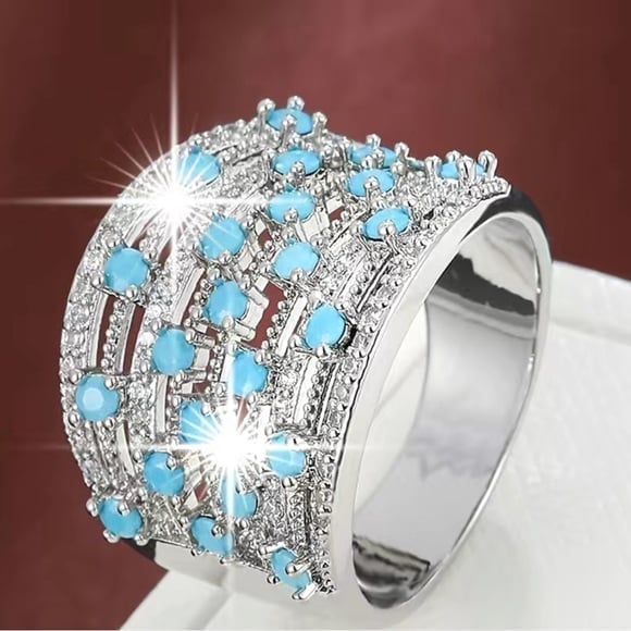 Silver & Blue Cubic Zirconia Wide Band Ring