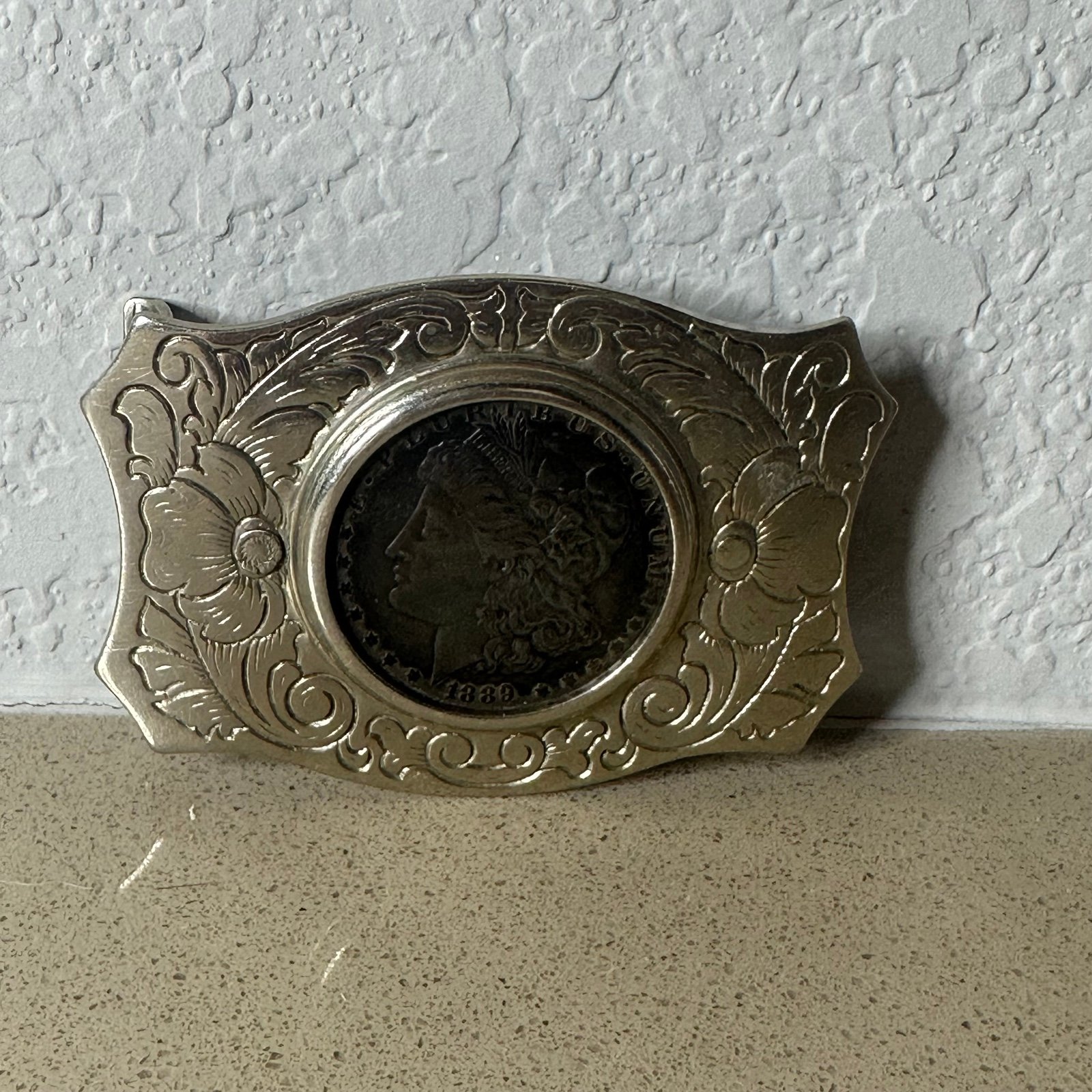 1889 Morgan Silver Dollar Belt Buckle 1 - Removable Gate with Horse Backer