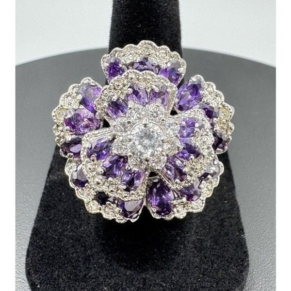 Silver Tone Purple & White Crystal Flower Bold Statement Cocktail Ring Size 7