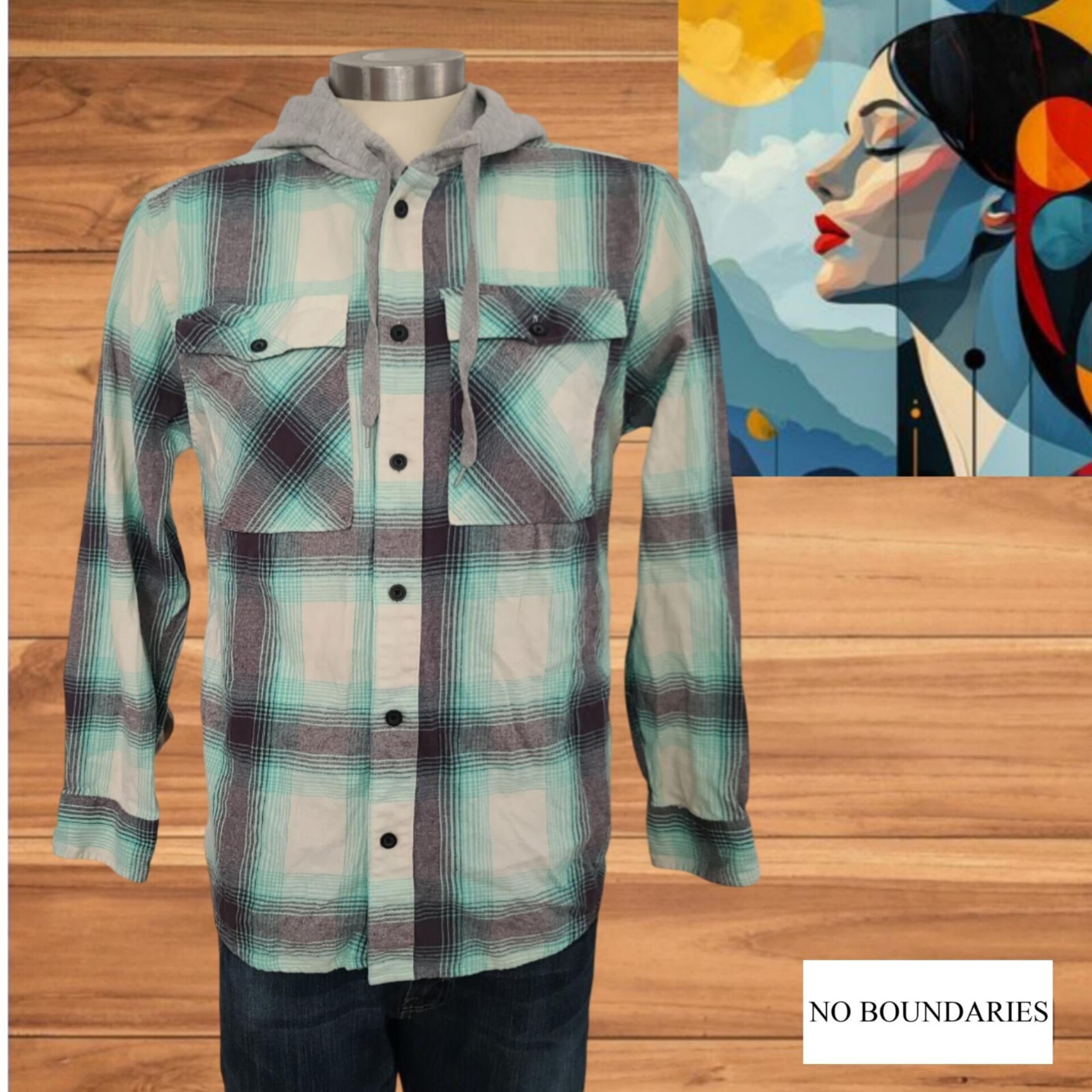 No Boundaries Shirt Men's Green Plaid Cotton Hooded Flap Pockets Sz S