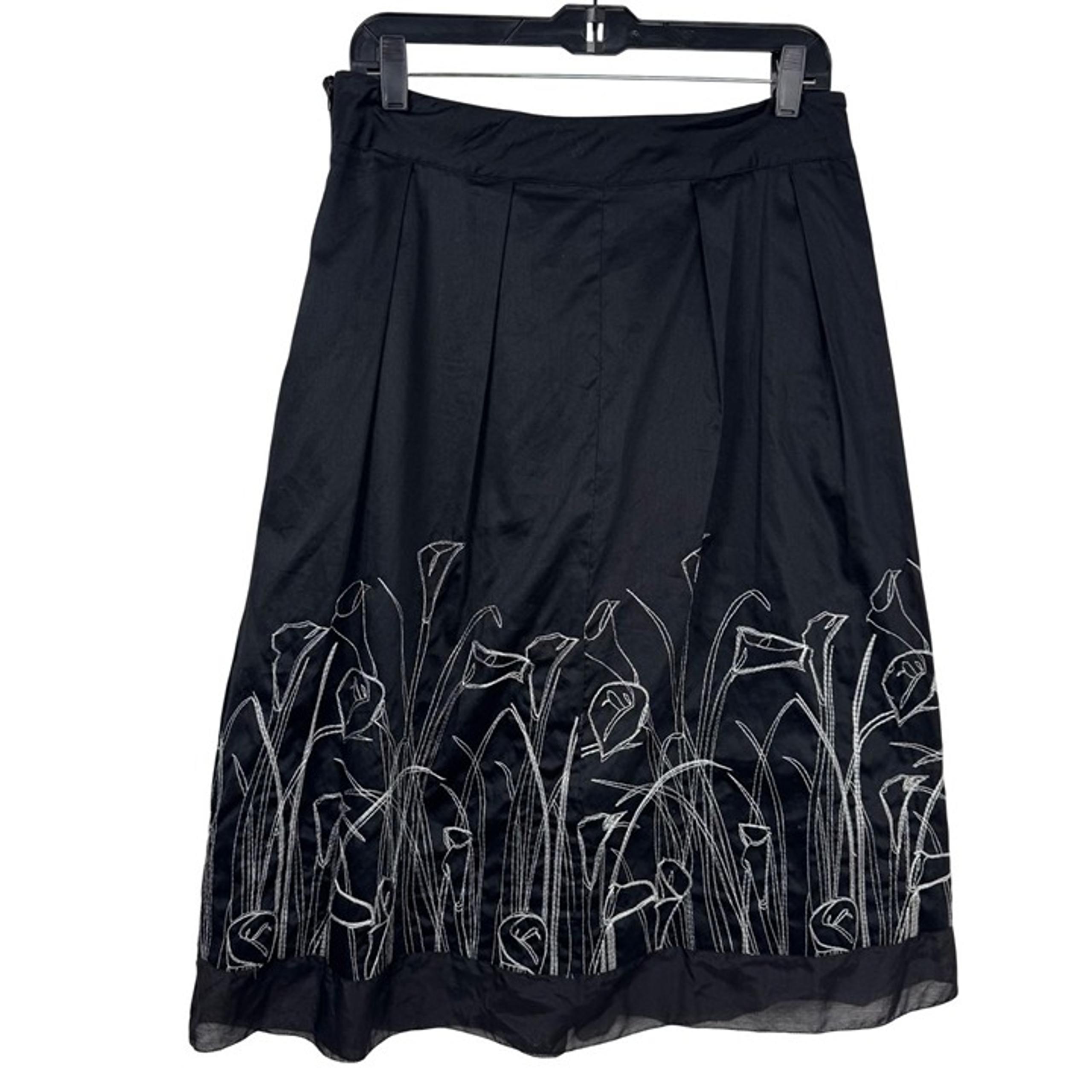 Coldwater Creek Black 100% Cotton A Line Skirt Embroidery Flowers Size M (10-12)