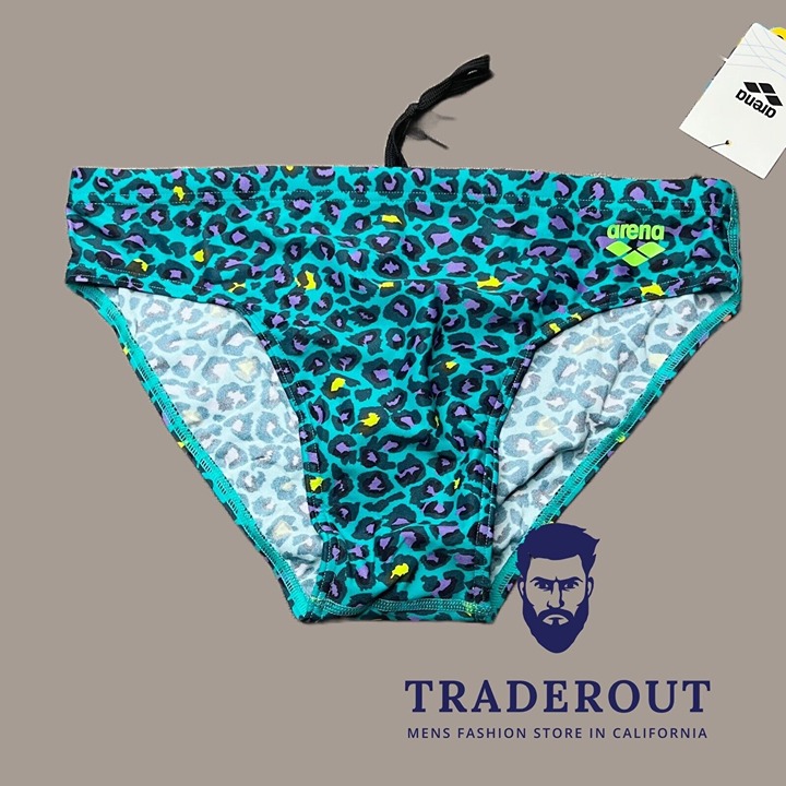 Arena men turquoise blue Leopard Swim Brief bikini swimwear size 32 34 36 38
