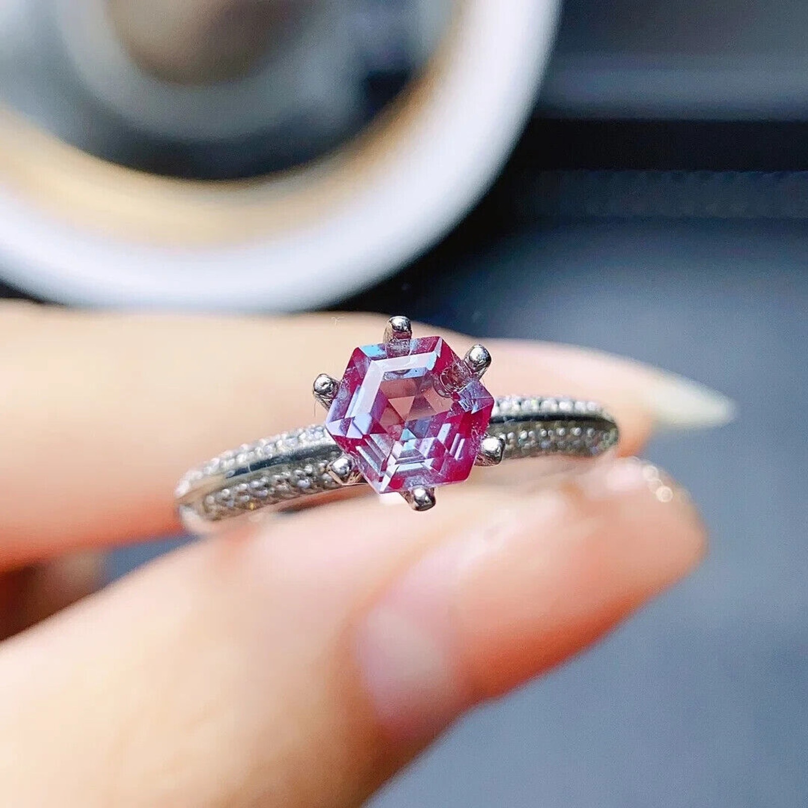 Hexagon Cut Alexandrite Gemstone Ring, Lab Created Alexandrite Ring 925 Sterling