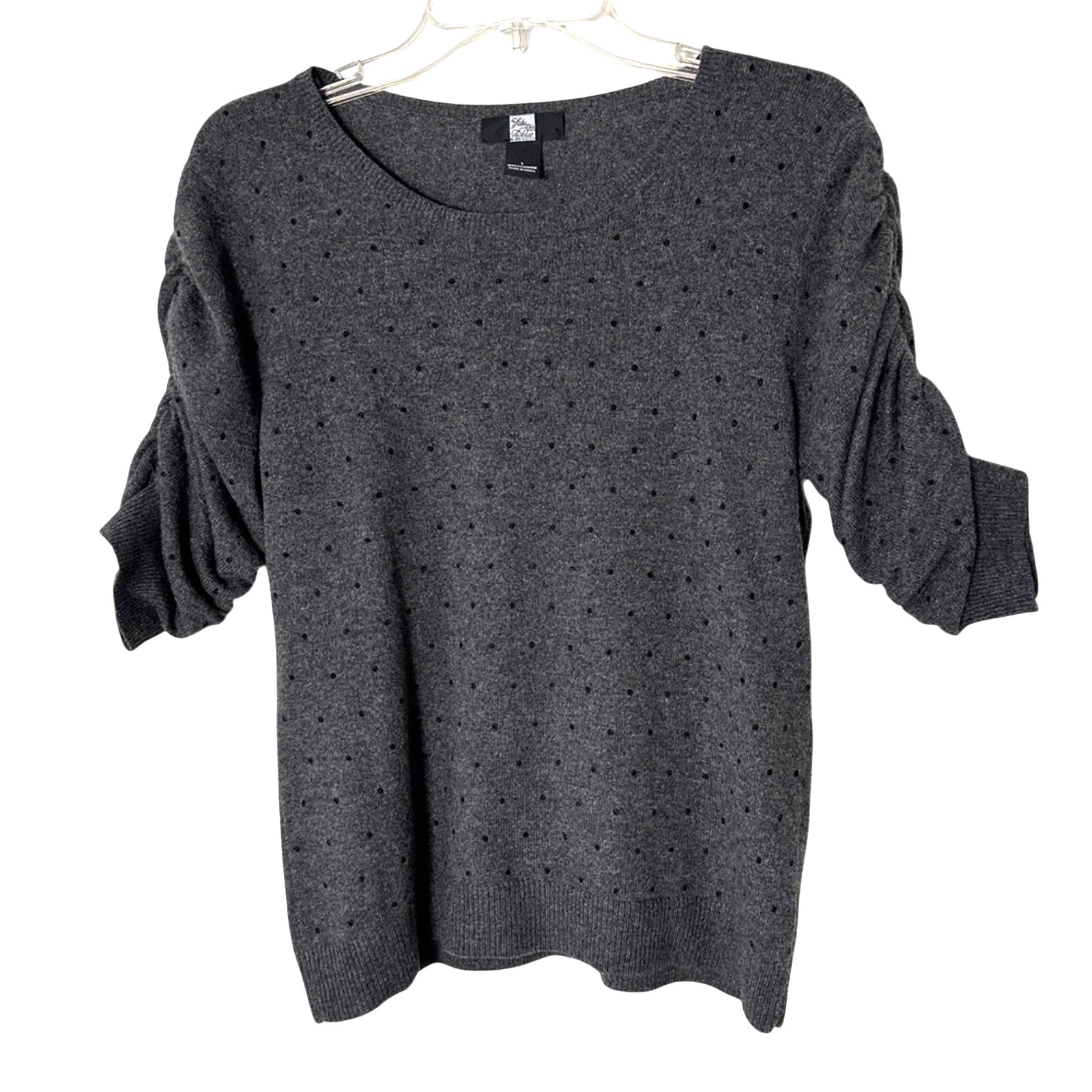 Saks Fifth Avenue Cashmere Sweater Puff Sleeve Lg Polka Dot Preppy Cottage Chic