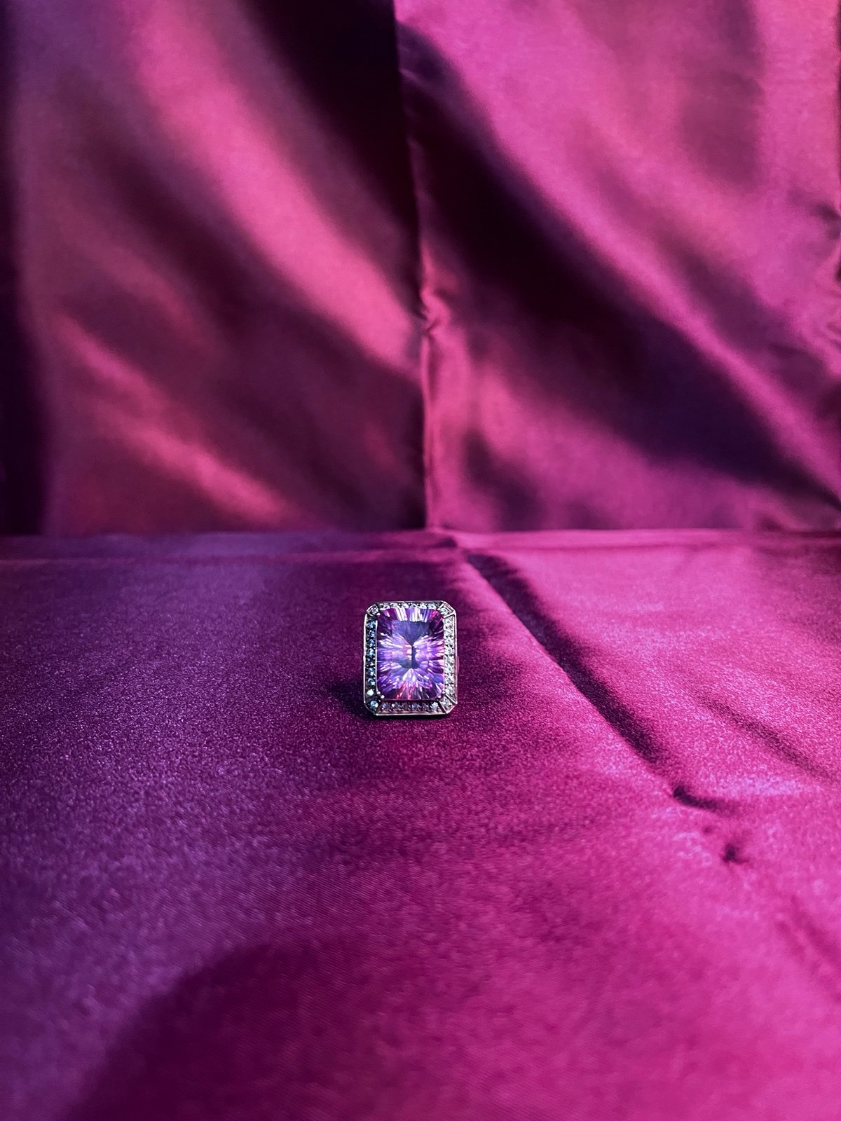 Vintage Iridescent Statement Ring Pink Orange Glow Size-10