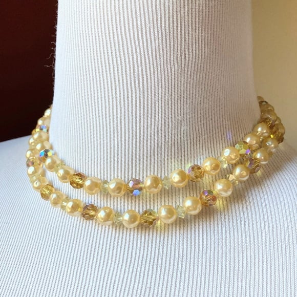Vintage 50s 60s Laguna Double Strand AB Crystal Champagne Faux Pearls Necklace