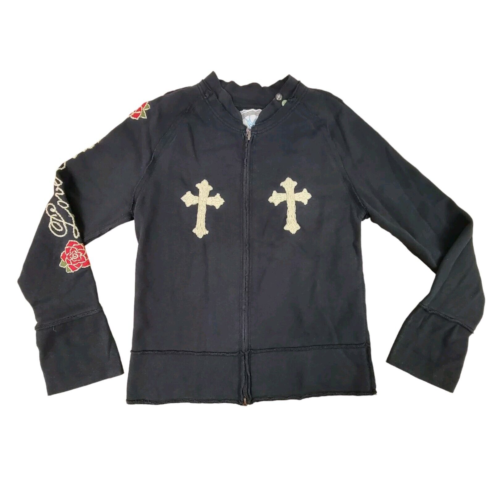 Johnny Was Joystick Embroidered Skulls Cross Love Roses Women Full Zip Y2k Vtg L