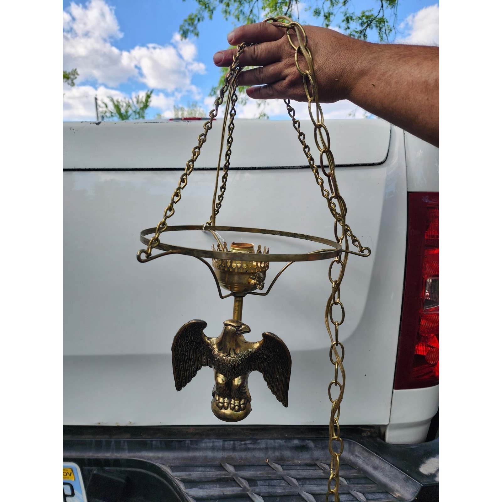 Vintage Solid French Brass Eagle Hanging Swag Lamp Rare, Tested With Hang Chain