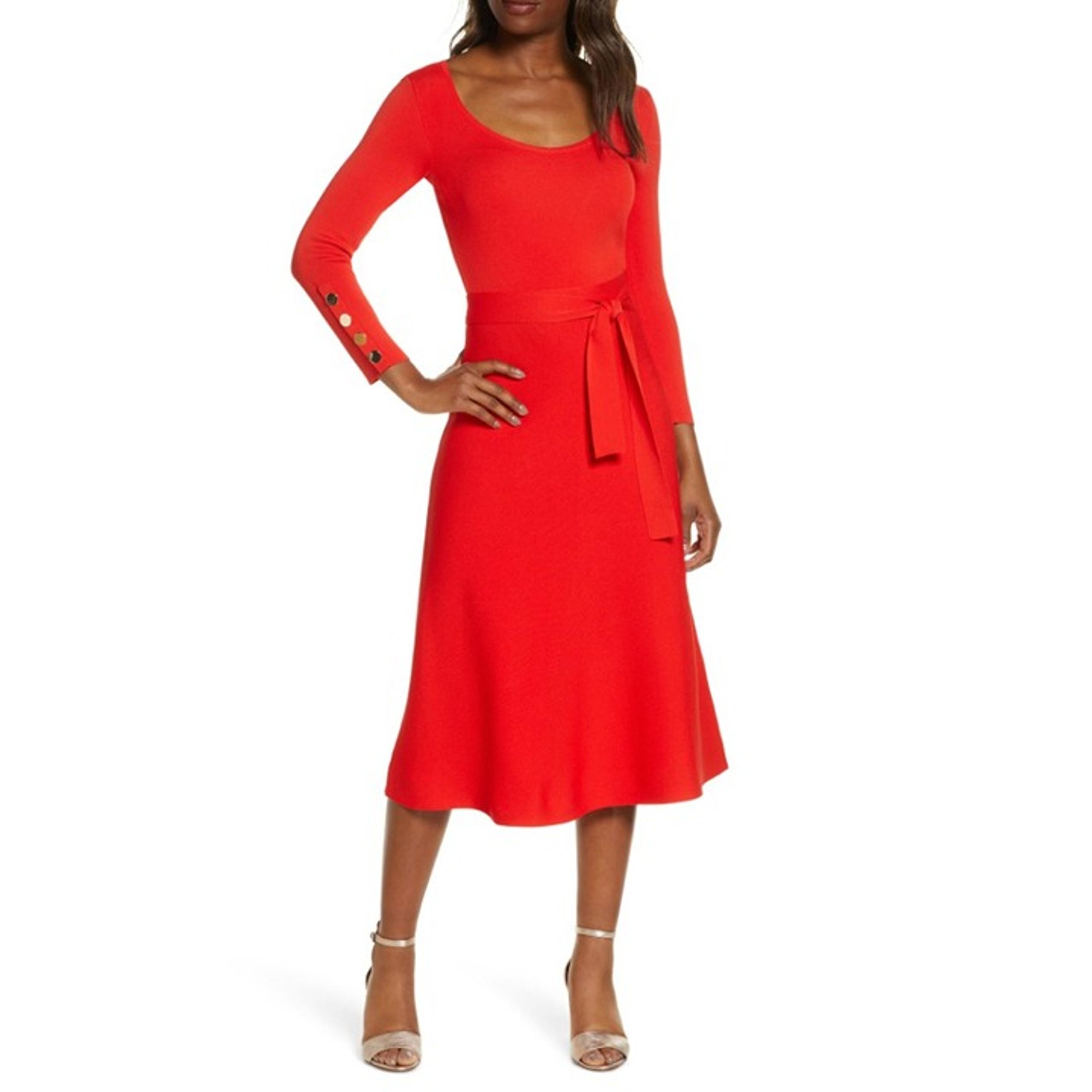 NWT Elize J Style EJ0M5350 Red Long Sleeve Gold Buttons Fit Flare Sweater Belted
