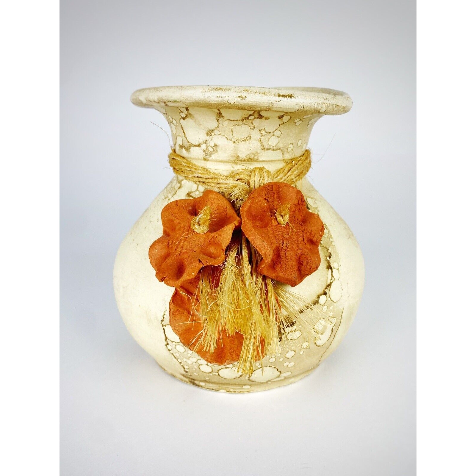 Southwestern Handmade Clay Vase Watercolor Splash Effect Cream Brown Boho Style