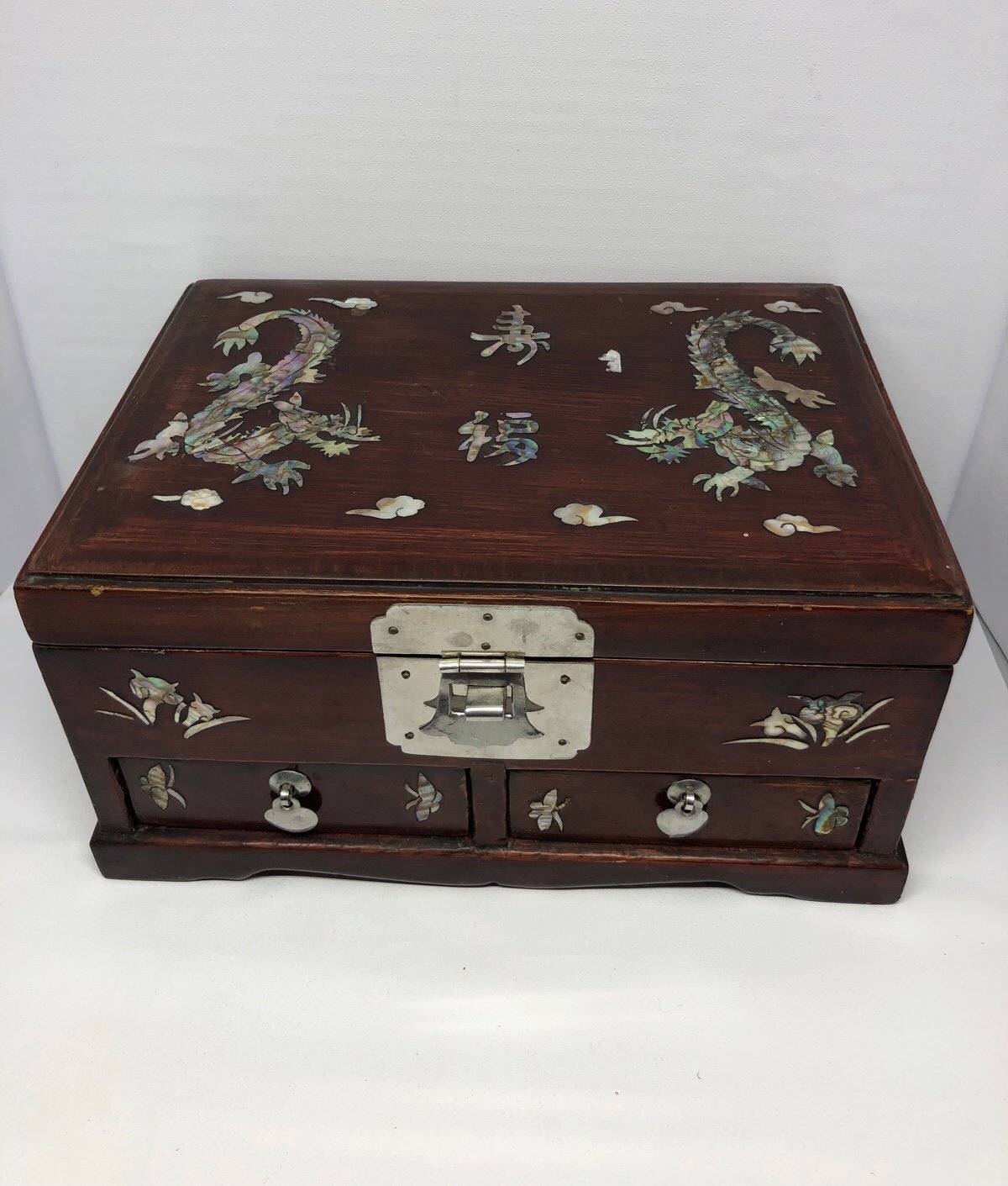 Vintage Wood & Abalone Inlay Dragon Jewelry Box