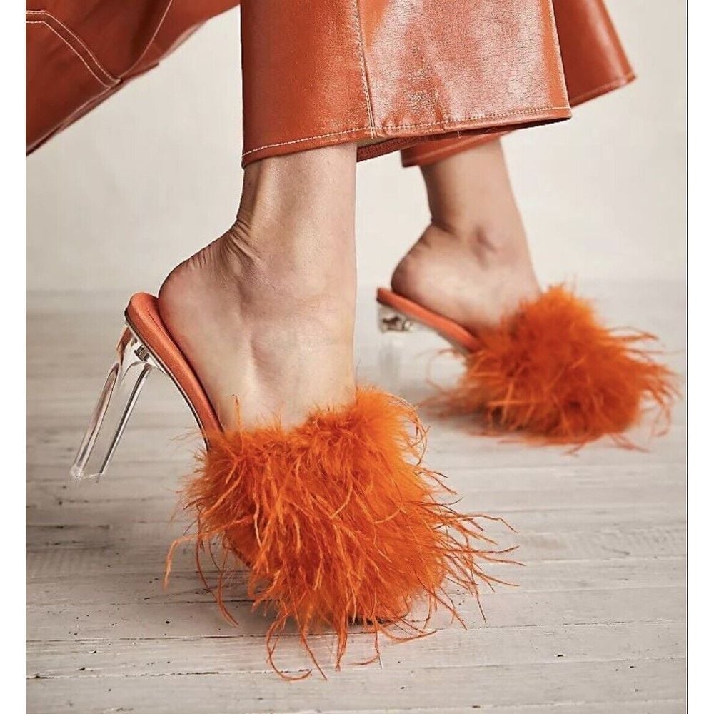 Jeffery Campbell Free People Orange Ostrich Turkey Feather Daisy Clear Heels 7